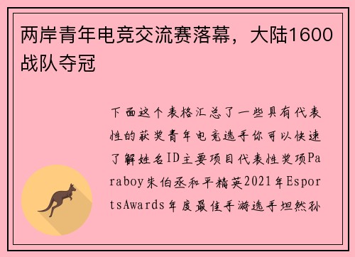 两岸青年电竞交流赛落幕，大陆1600战队夺冠